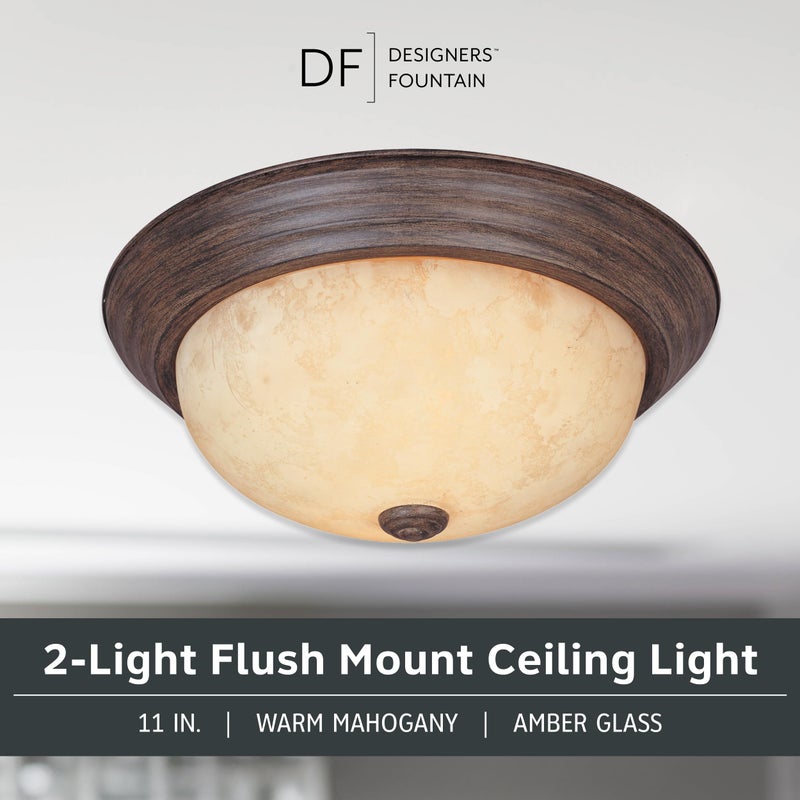 DESIGNERS FOUNTAIN Reedley 2-Lights Flush Mount Ceiling Light, 11 Inch Lighting Fixture for Kitchen, Bedroom, Bathroom, and Hallway, Amber Glass, Warm Mahogany, 1257S-WM-AM - Image 2